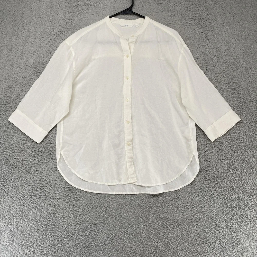 Uniqlo Linen Top Womens Medium Button Up Minimalist Capsule Collarless White - Picture 1 of 12